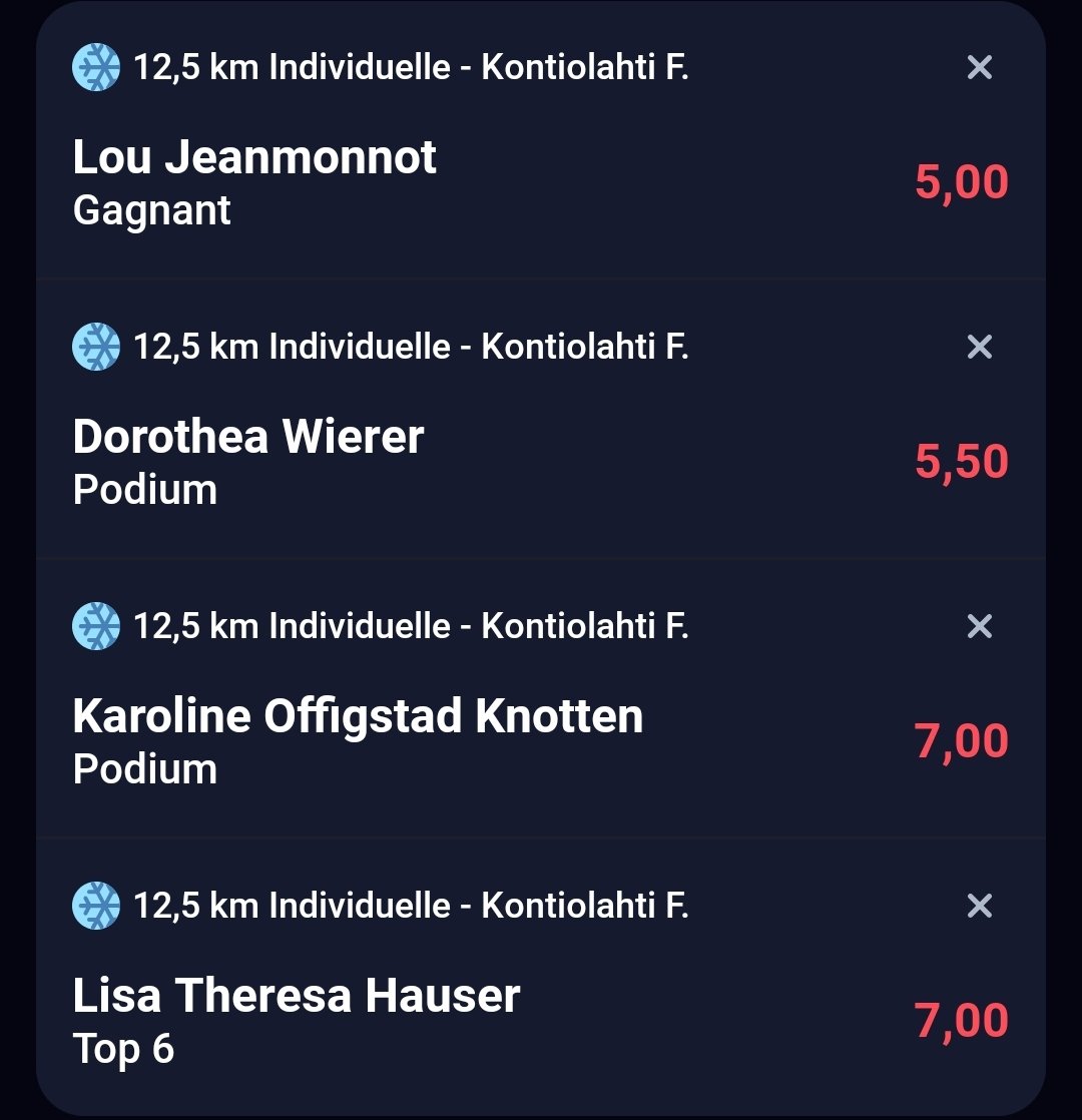 MS_Pronos_MS's tweet photo. ❄️ Biathlon - Individuel 12.5km (F)

Pour les 4 premiers bets 🟢
Pour les 4 suivants 🔵 

Explications des 🟢 et 🔵 sur telegram ➡️ https://t.co/hvwOgcXlb8

#TeamParieur #biathlon #lequipeBIATHLON @HollowSlippy @dr_djekill https://t.co/Tk0f37DqZM