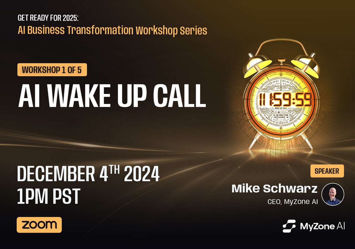 mikeschwarz's tweet photo. Get Ready for 2025 – Free AI Business Transformation Workshop Series

Are you ready to harness the power of AI to transform your business in 2025?

I’m hosting a free, 5-part AI Business Transformation Workshop Series designed for entrepreneurs and small business leaders who want to stay ahead of the curve. These webinars will cover practical strategies for using AI to drive sales, automate operations, and streamline processes.

📅 Dates: Dec 4th – Dec 19th
⏱️ Format: 1-hour sessions + 30 min optional Q&A
🎯 Who should attend: Anyone curious about how AI can impact their business, from beginners to advanced users.

You can pick the sessions most relevant to you, or attend all five for a comprehensive AI strategy.

Sign up here: https://t.co/X77csstnRt

Spots are limited, so RSVP today. Let’s get ready to make 2025 the year of transformation!