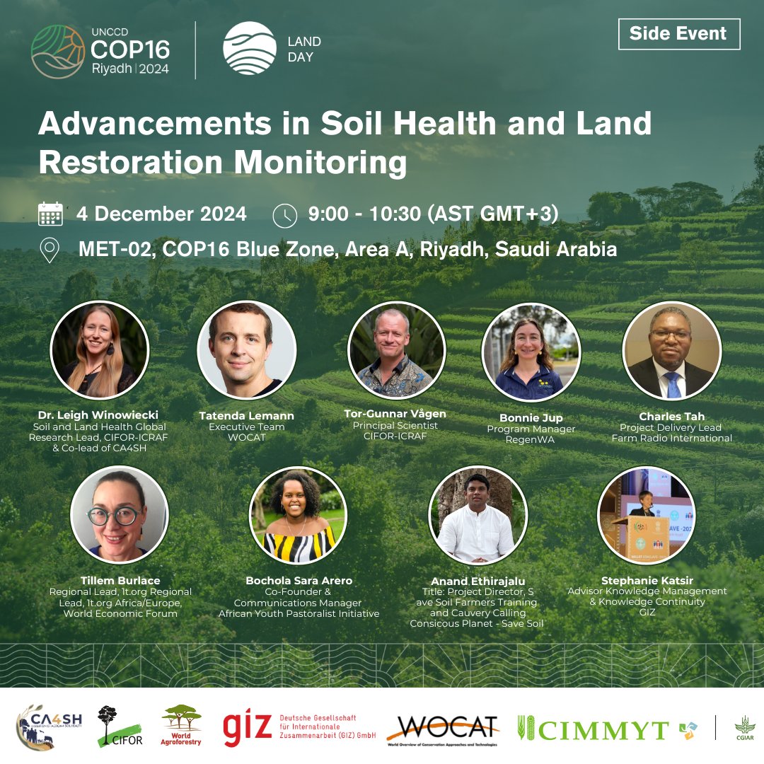 Leigh Ann Winowiecki (@lawinowiecki) on Twitter photo Join us <a href="/Cop16Riyadh/">COP16 Riyadh</a> to highlight how advances in soil health monitoring contribute to improved policy and practice, on the ground!
4 Dec 2024
9:00-10:30 GMT+3
MET-02
<a href="/farmradio/">Farm Radio International</a> <a href="/giz_gmbh/">GIZ</a> <a href="/WOCATnet/">WOCAT</a> <a href="/CIFOR_ICRAF/">CIFOR-ICRAF</a> @ca4sh_global <a href="/cpsavesoil/">Conscious Planet #SaveSoil</a> <a href="/RegenWa/">RegenWA</a> <a href="/UNCCD/">UN Land and Drought</a> #COP16 #COPSoil <a href="/CGIAR/">CGIAR</a> Join us <a href="/Cop16Riyadh/">COP16 Riyadh</a> to highlight how advances in soil health monitoring contribute to improved policy and practice, on the ground!
4 Dec 2024
9:00-10:30 GMT+3
MET-02
<a href="/farmradio/">Farm Radio International</a> <a href="/giz_gmbh/">GIZ</a> <a href="/WOCATnet/">WOCAT</a> <a href="/CIFOR_ICRAF/">CIFOR-ICRAF</a> @ca4sh_global <a href="/cpsavesoil/">Conscious Planet #SaveSoil</a> <a href="/RegenWa/">RegenWA</a> <a href="/UNCCD/">UN Land and Drought</a> #COP16 #COPSoil <a href="/CGIAR/">CGIAR</a>