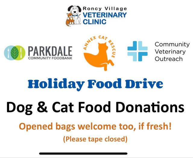 It's Holiday Pet Food Drive time &amp; we're matching all donations! Help us fill the tummies of cats &amp; dogs that rely on the <a href="/parkdalefoodbnk/">Parkdale Community Food Bank</a>, @annex_cat &amp; Community Vet Outreach-drop off food during business hours until Dec 31, fresh open bags welcome #roncy #roncesvalles #highpark