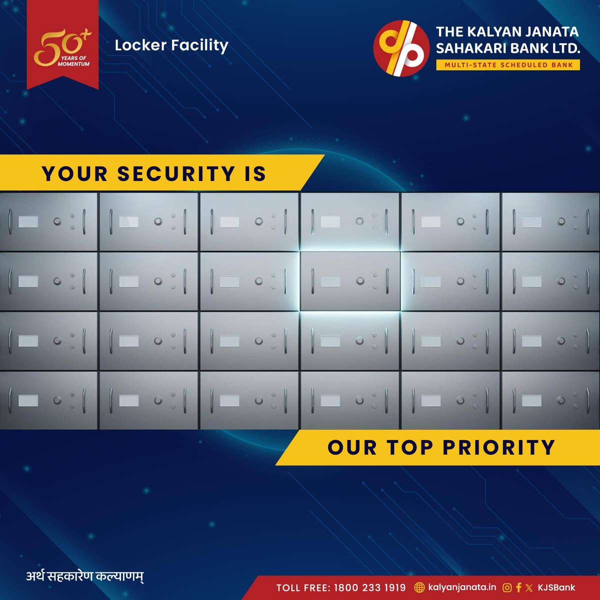 KJSBank's tweet photo. Keep your valuables safe and secure!
Explore our locker facilities for peace of mind, with easy access &amp; utmost security.
Trust us to safeguard what matters most to you.

Visit the nearest branch for more information.

#lockerfacility #50yearsofmomentum #kalyanjanatasahakaribank https://t.co/Sk0wiJK4bi