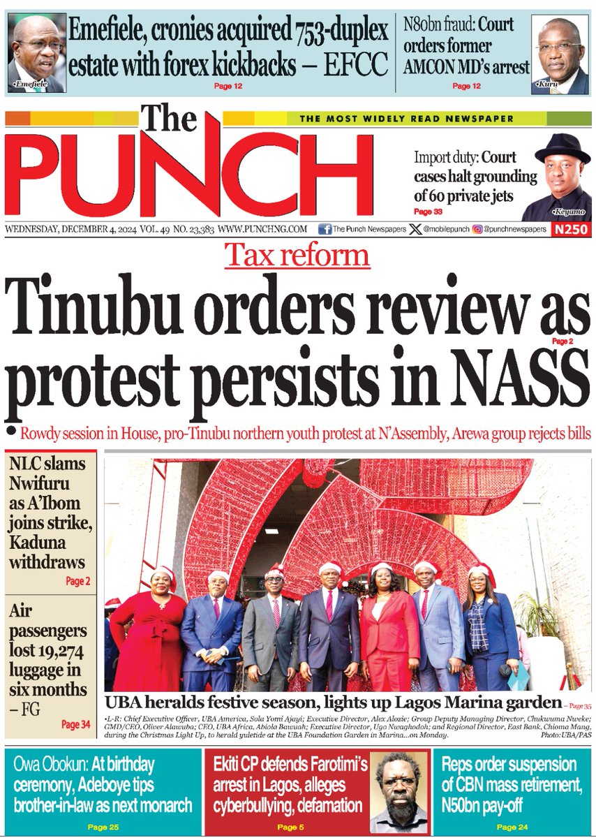 Today's Biggest Headlines 

Here are some of the news that you shouldn’t miss this morning

1. Tax reform: Tinubu orders review as protest persists in NASS

=== punchng.com/tax-reform-tin…

2. Emefiele, cronies acquired 753-duplex estate with forex kickbacks — EFCC

===