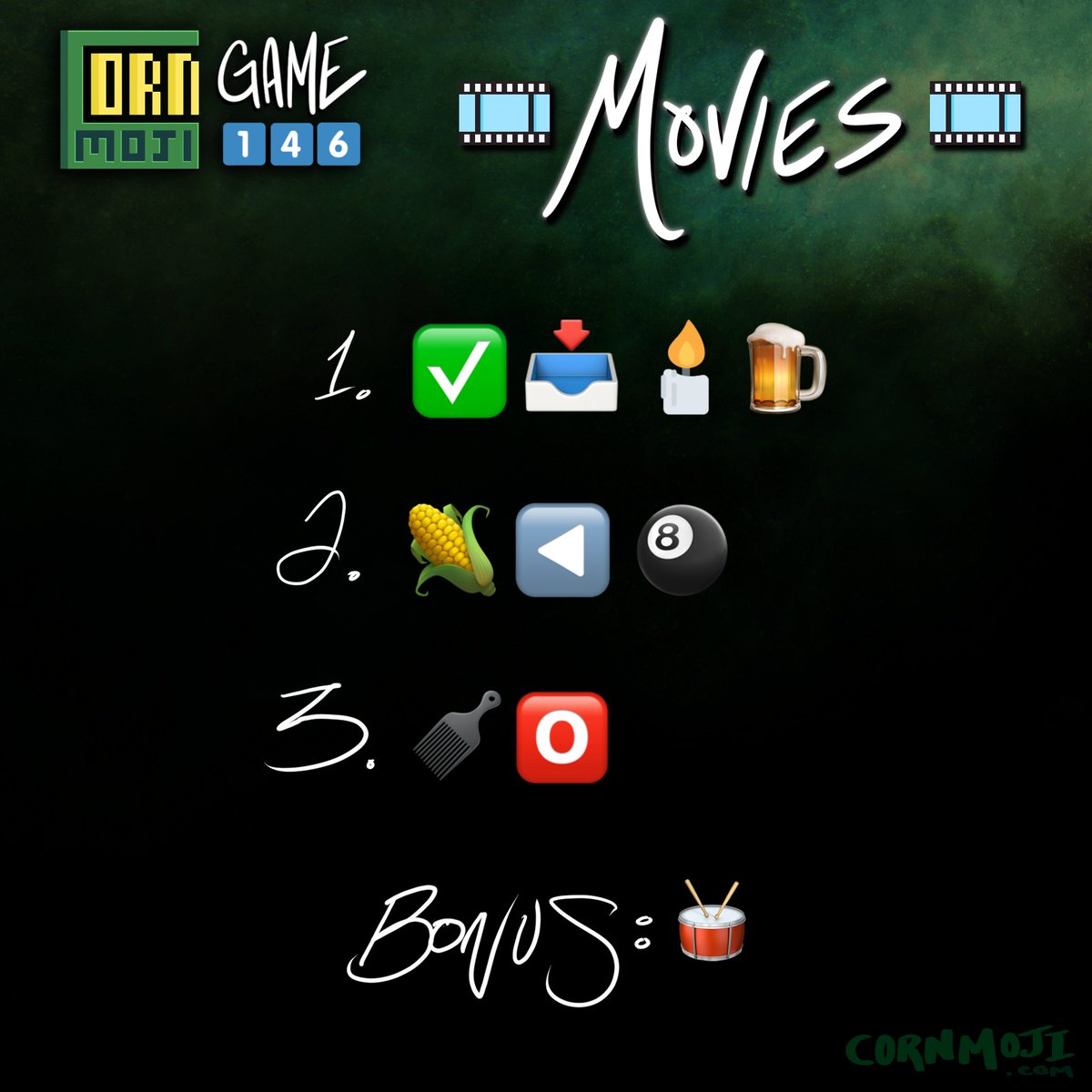 cornmoji's tweet image. CORNMOJI 1️⃣4️⃣6️⃣
cornmoji.com

THEME: 🎞️ MOVIE 🎞️

#CORNMOJI #puzzle #puzzles
#brainteaser #mentalexercise #wordplay