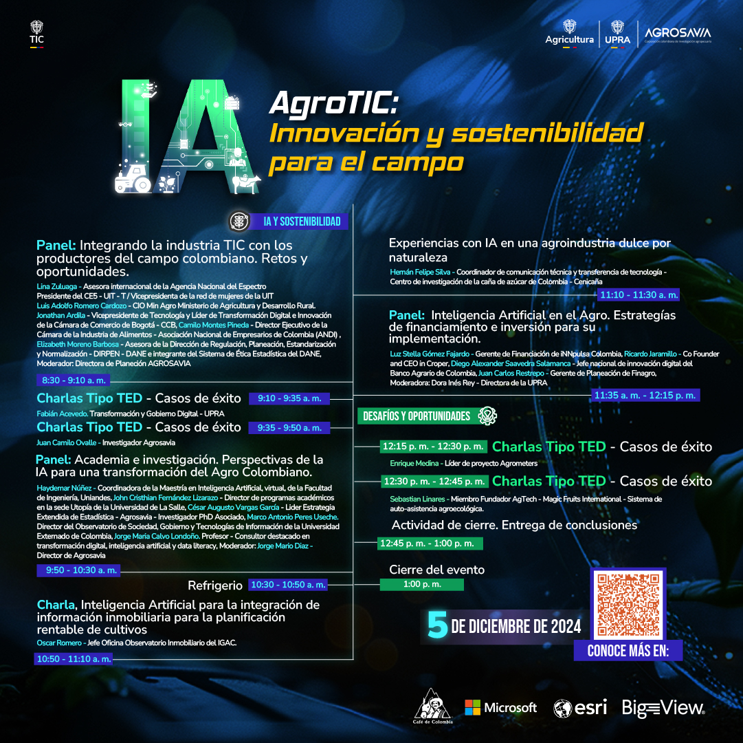 ATALinkata's tweet photo. 🌾💻 Agéndate y haz parte de AgroTIC: Innovación y Sostenibilidad para el Campo

📅 4 y 5 de diciembre
📍 @ministerio_tic - Edificio Murillo Toro, Bogotá

✔ Un espacio donde el agro y la tecnología transforman el campo colombiano. 🚜✨

🔗 Conéctate:
4/dic: https://t.co/1rNbO3QYyP
5/dic: https://t.co/hHwaID53eR

#AgroTIC #InnovaciónParaElCampo