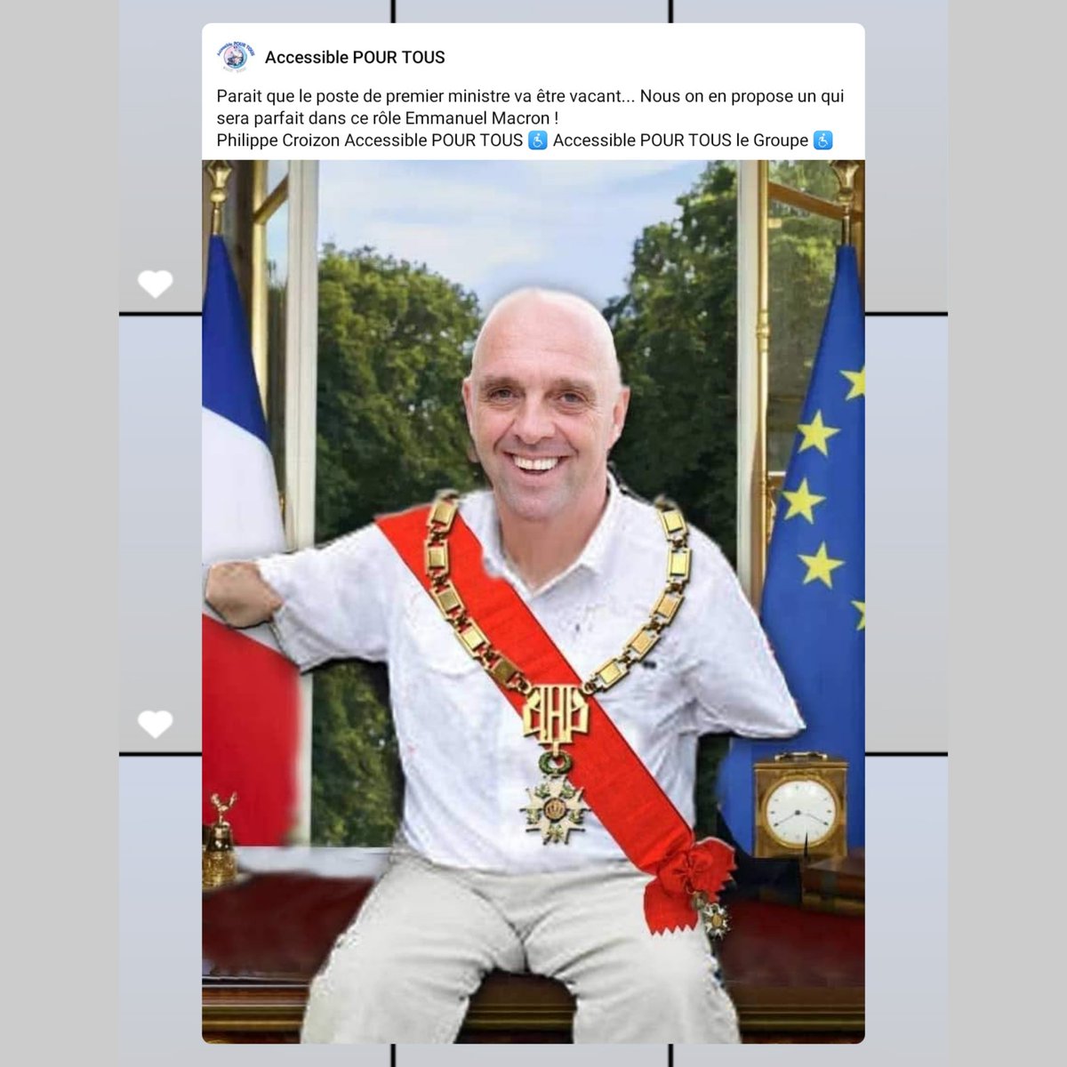 AccessibleTOUS's tweet photo. Parait que le poste de premier ministre va être vacant... Nous on en propose un qui sera parfait dans ce rôle @EmmanuelMacron ! 
@PhilippeCROIZON @AccessibleTOUS https://t.co/V2X1jX9HoS