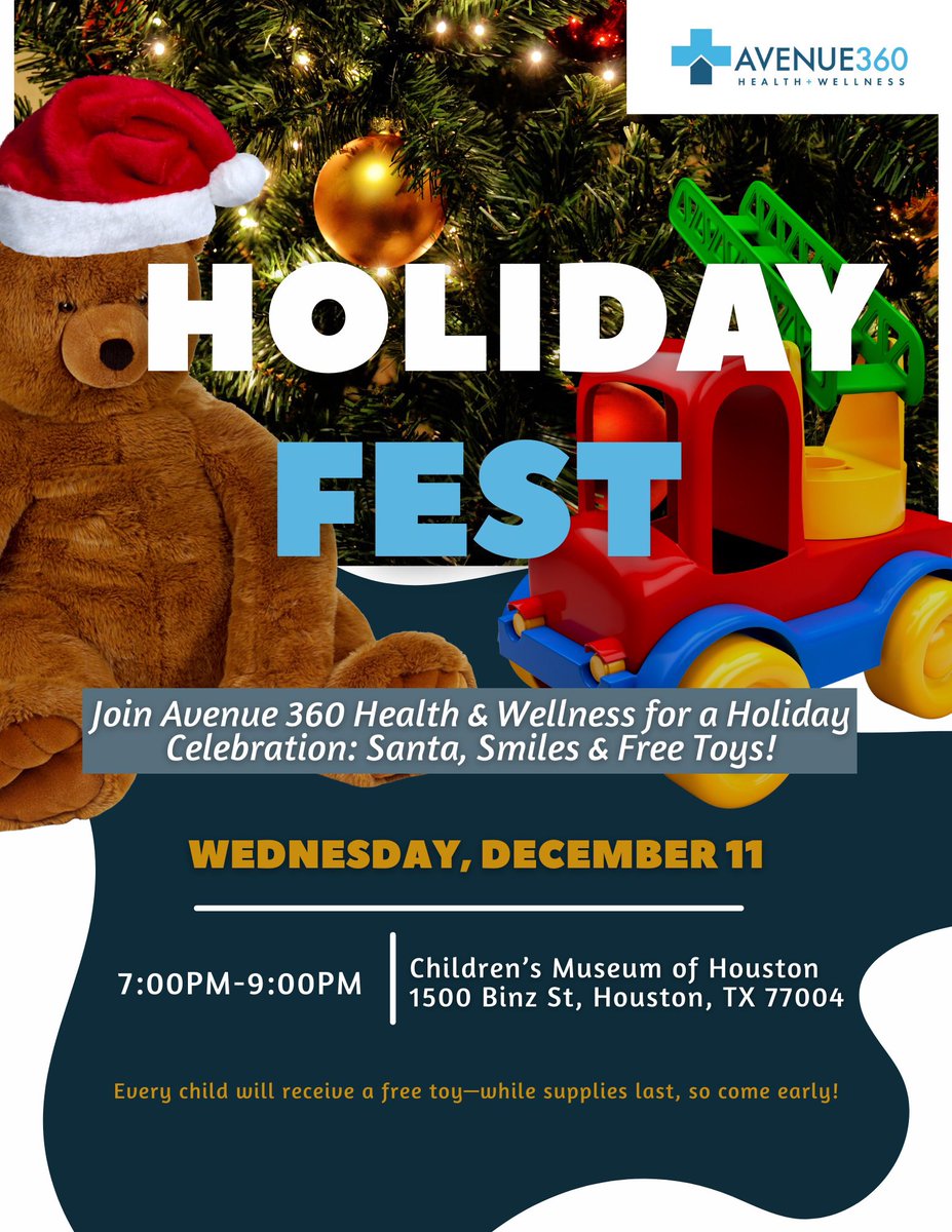 🎄 Join us for Avenue 360’s Holiday Fest! 

🗓️ December 11 | 7–9 PM
📍 Children’s Museum of Houston

🎅 Meet Santa
🎁 Toy giveaways
📸 Photos &amp; fun
🤝 Connect with providers

Let’s celebrate the season together! #HolidayFest #Avenue360