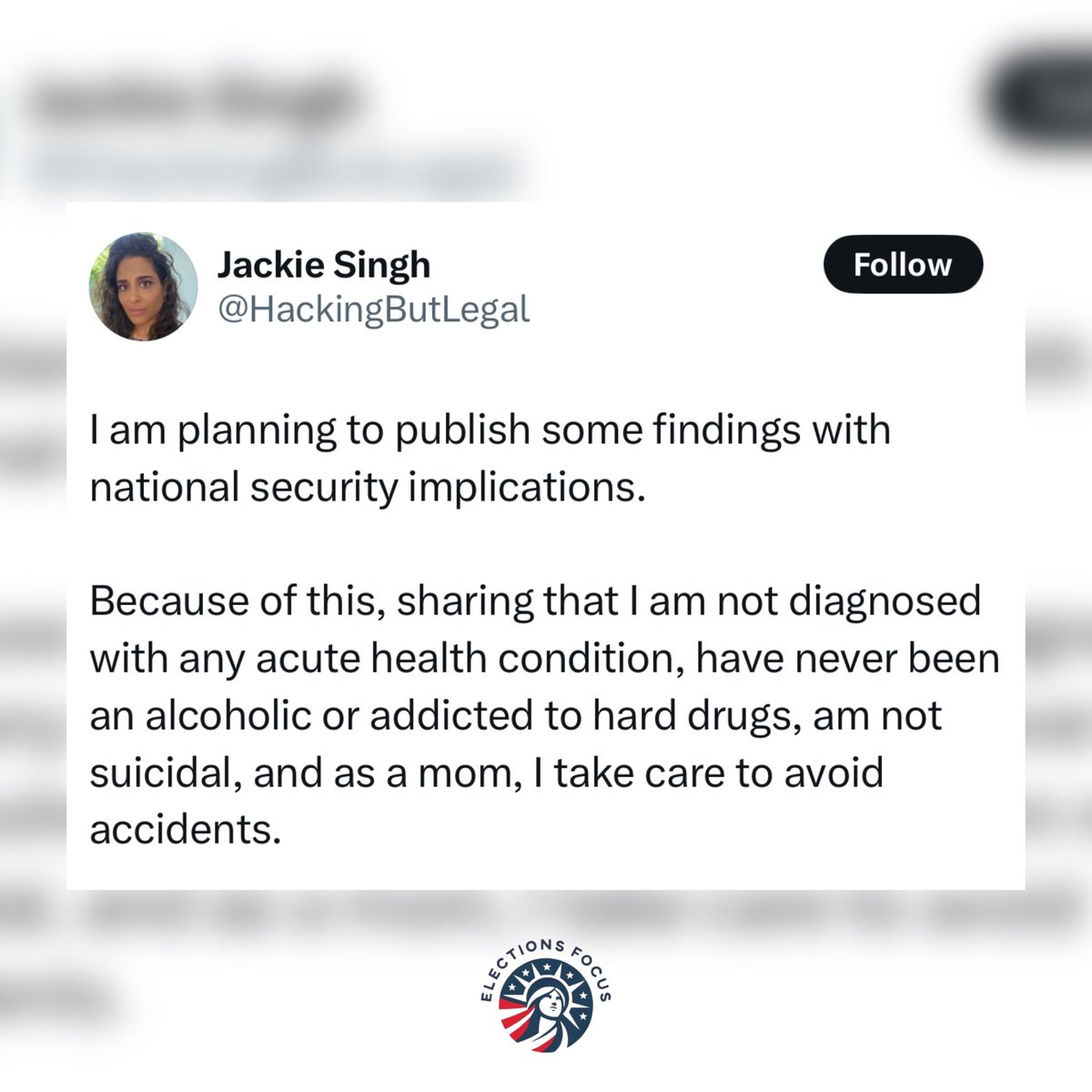 ElectionsFocus's tweet image. Jackie Singh, a leading cybersecurity expert and analyst for the Biden-Harris administration, is preparing to publish findings with significant national security implications related to the 2024 presidential elections.