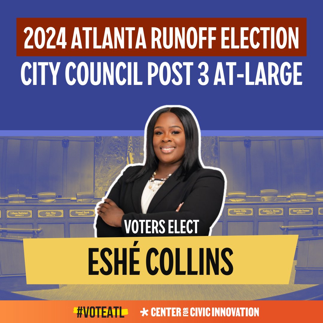 We're calling it: Eshé Collins has been elected as the new representative for Post 3 At-Large on the Atlanta City Council.

#gapol #atlpol
