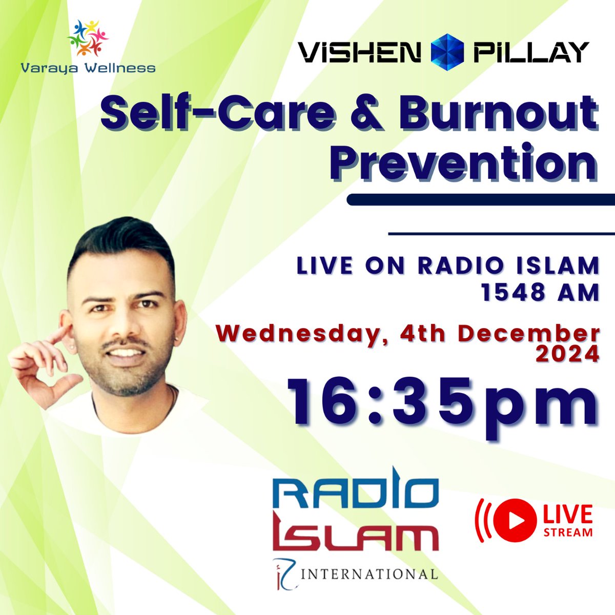 VarayaWellness's tweet photo. Tune in to @radioislam for this pertinent discussion about #SelfCare and #burnout prevention with @VarayaGuy https://t.co/HWLHisYUSp