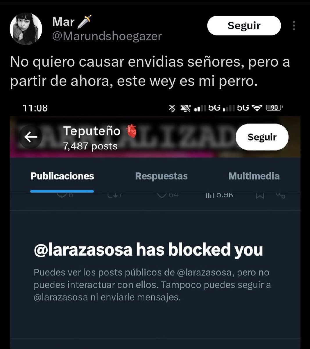 Sennor_K's tweet photo. @Marundshoegazer me bloqueó cuando hice un comentario de sus intenciones de hacer una tesis sobre palestina. Le dije que había personas más preparadas que ya lo habían hecho. Pero jamás diría que porque me bloqueó es mi perra. En fin, los defensores del barrio no merecen atención https://t.co/kjgoWVgolZ