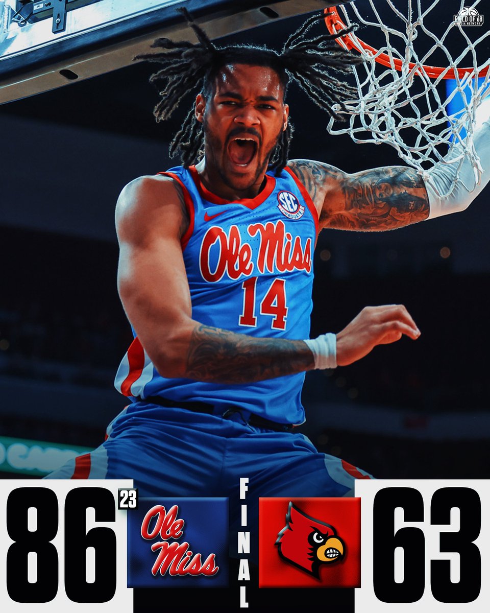 TheFieldOf68's tweet image. 👀 OLE MISS BLOWS OUT LOUISVILLE 👀

@OleMissMBB gets a HUGE road win in the SEC/ACC Challenge! 🔥