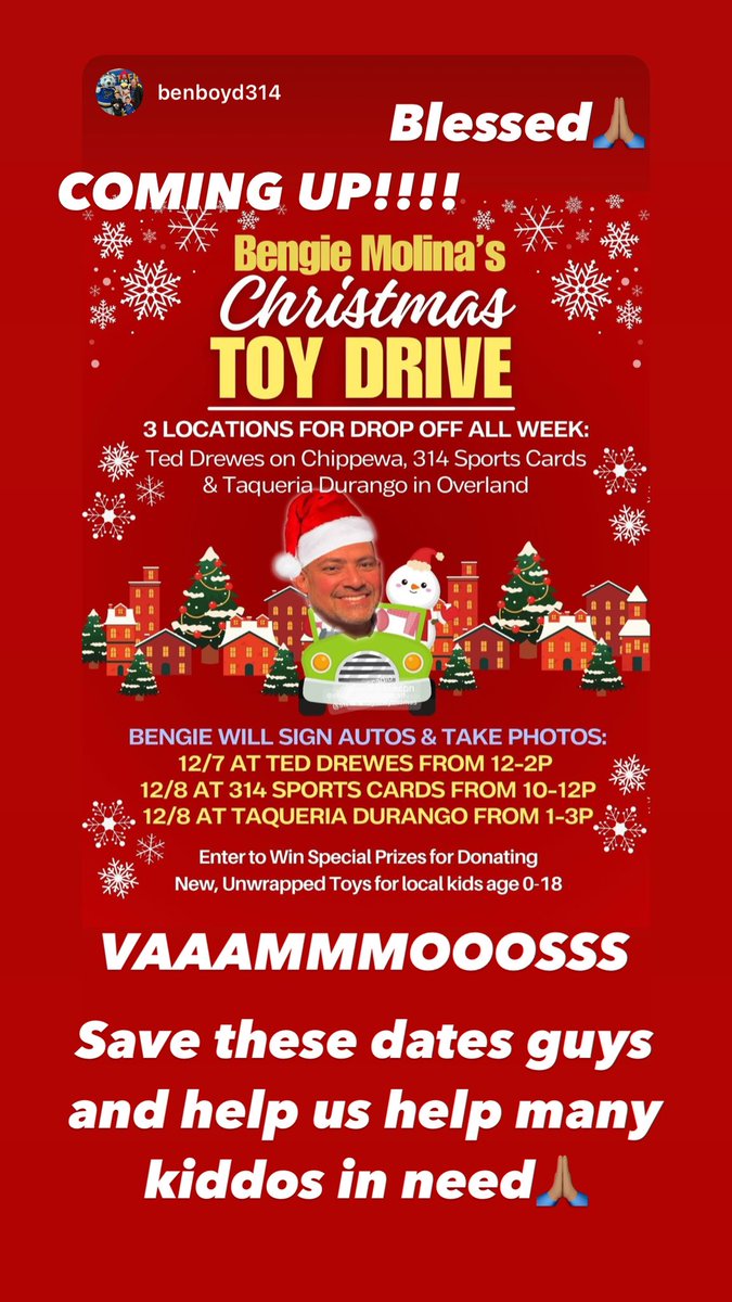 BengieMolina1's tweet photo. Hey everyone, “Bengie Molina’s Christmas Toy Drive” is coming this weekend 😊save the dates and times and help us help many many kiddos in need🙏🏽Let’s make a difference this Christmas 🎄 Bring us a toy and i will take a picture and sign anything you bring!!✝️
LEEEESSSS GOOOOOO🙏🏽 https://t.co/izHArOI4u4