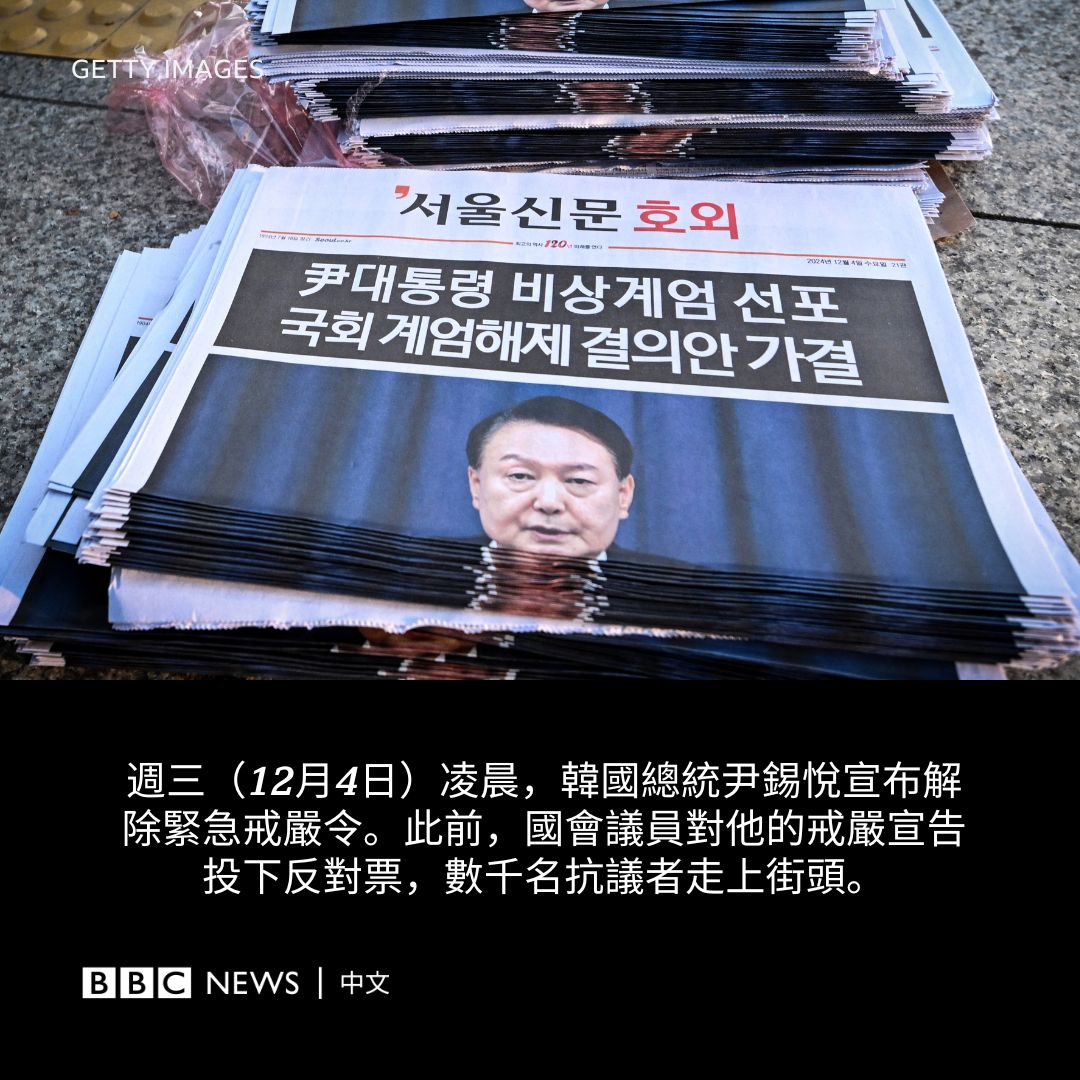 韩国总统尹锡悦颁布戒严令约6个小时后，在国会压力下宣布解除，并撤出投入戒严事务的兵力。 周二（12月3日）晚上，尹锡悦在电视讲话宣布紧急戒严，称此举是为了保护国家免受“朝鲜势力”和“反国家势力”的威胁。  不到两小时后，朝野两党领袖均批评尹锡悦的这项命令。韩国国会 ...