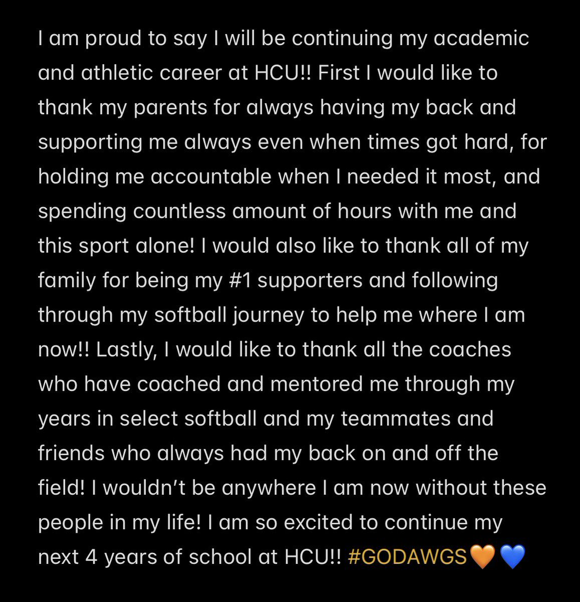 KyleeCzaplicki's tweet photo. 100% COMMITTED!! Here is to the next 4 years!! I am extremely grateful for the opportunity that Coach Hall and @CoachNat_HCU and @HCUSoftball has given me! Work starts now! Thank you @TreyHoldbrook @Coach_Aaaaa @BuzzCentex for everything! #buzzwin #EarnedNotGiven #DAWGSUP https://t.co/U98bTlbj2k