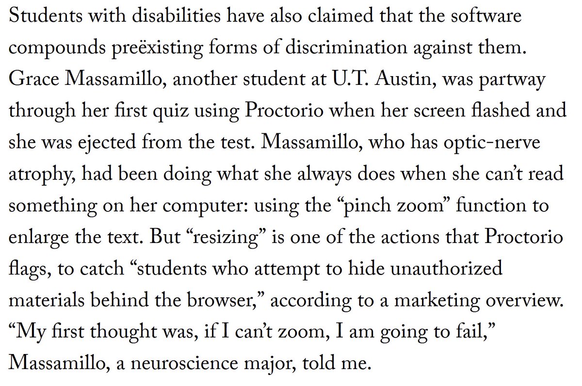 Linkletter's tweet photo. "Students with disabilities have also claimed that [Proctorio] compounds preexisting forms of discrimination against them. Grace Massamillo, another student at U.T. Austin, was partway through her first quiz using #Proctorio... https://t.co/82UE7WS361