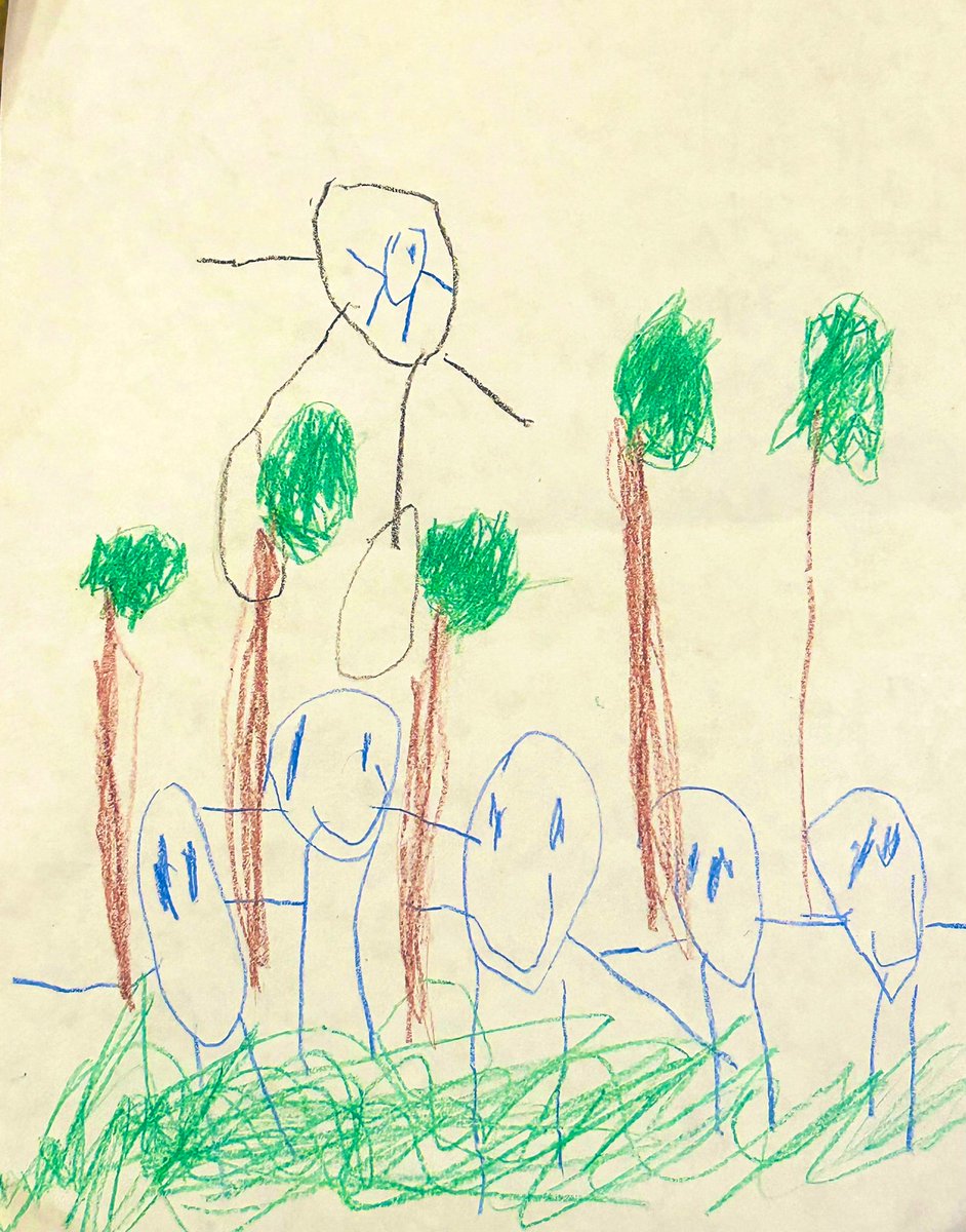 My 5 year old drew the scene from Avatar where Colonel Quarritch gets in the mech suit and leaps down into the forests of Pandora to fight Jake Sully