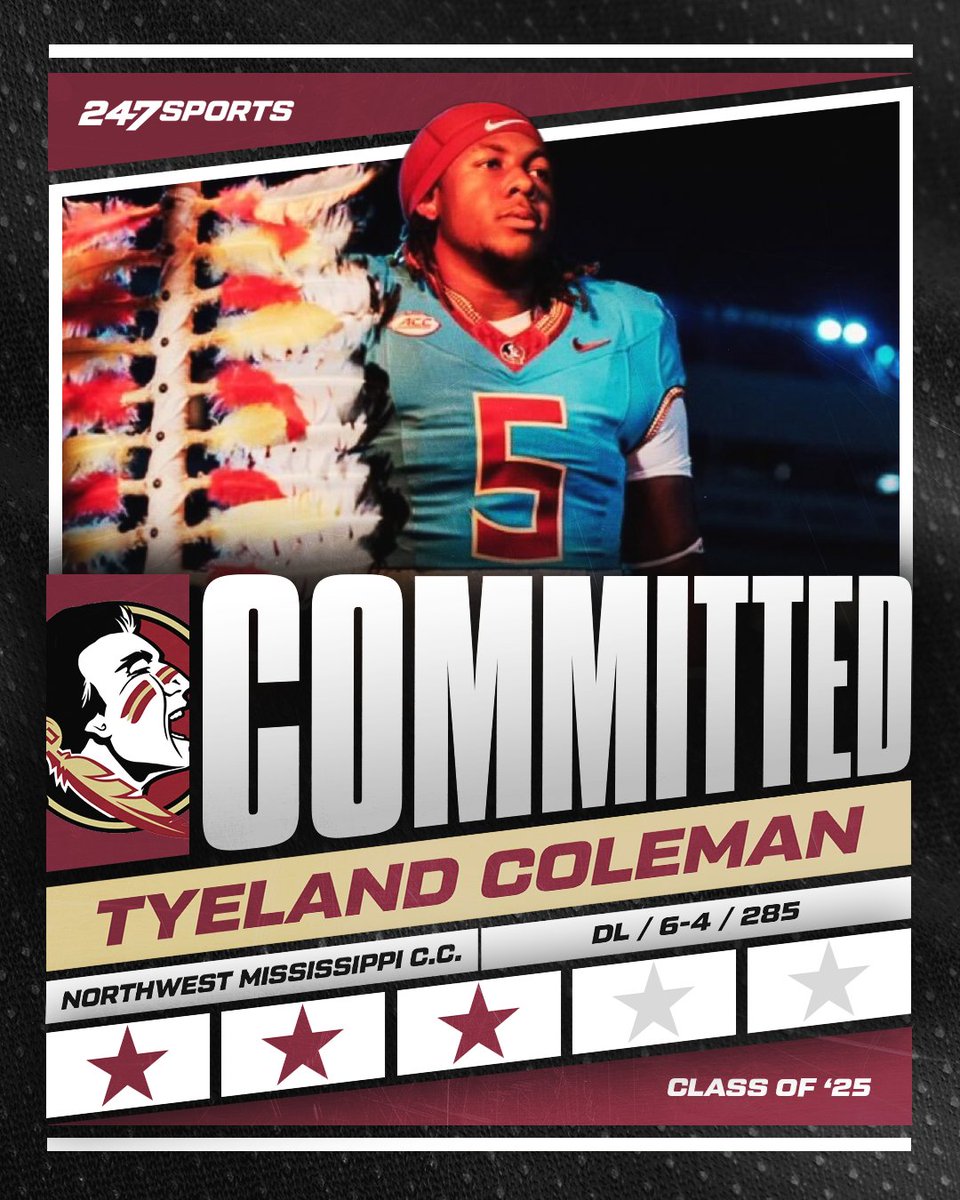 BREAKING: #FSU lands JUCO DT Tyeland Coleman over Mississippi State and Illinois.

The 6-foot-3, 290-pounder was on an OV to Tallahassee this past weekend.

Story: 247sports.com/college/florid…