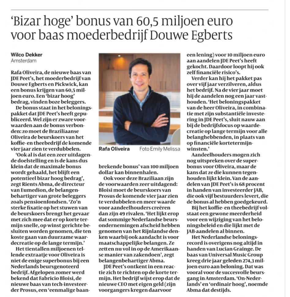 Echt, wat een doorgeslagen fixatie op de korte termijn: verdubbel de beurskoers in 4 jaar en ontvang als CEO een bonus van ruim 60 miljoen euro!

Dit gebeurt terwijl loonmatiging al decennia de gewone werkende Nederlander wordt opgelegd; amper genoeg om de inflatie te volgen.