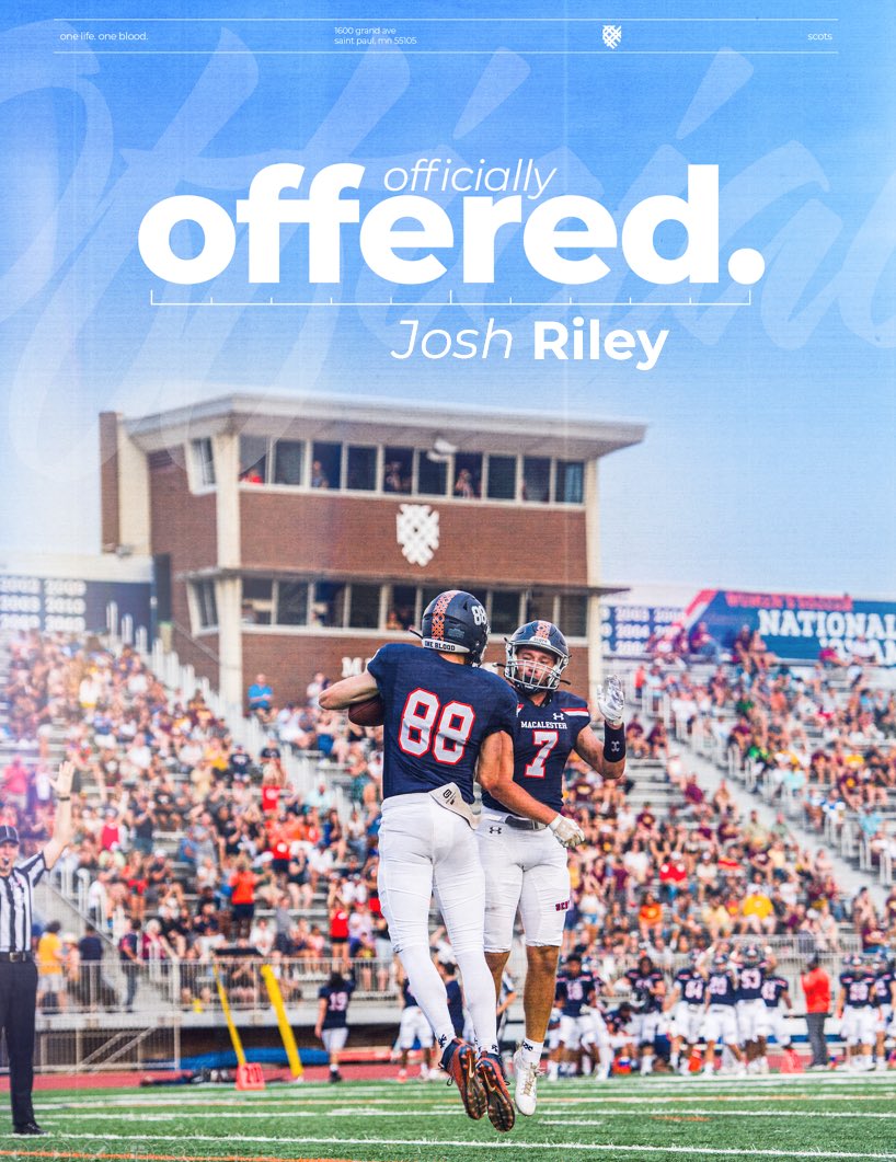 Josh (@josh_riley06) on Twitter photo After a great call with <a href="/Phil_Nicolaides/">Phil Nicolaides</a> I am grateful to announce I have received an offer to <a href="/MacalesterFB/">Macalester Football</a>. Thank you to all of my coaches and teammates who have helped me along the way. After a great call with <a href="/Phil_Nicolaides/">Phil Nicolaides</a> I am grateful to announce I have received an offer to <a href="/MacalesterFB/">Macalester Football</a>. Thank you to all of my coaches and teammates who have helped me along the way.