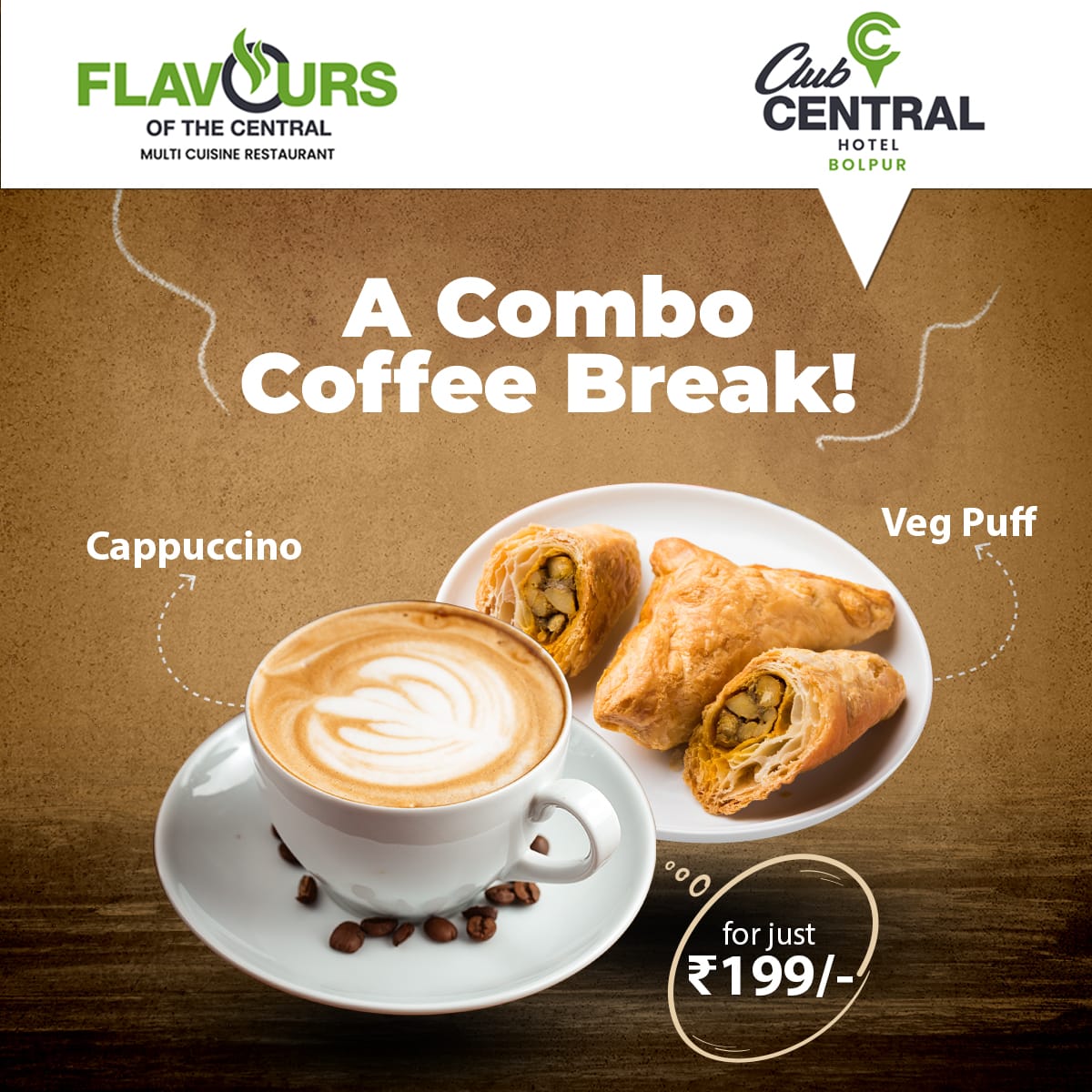 Club__Central's tweet photo. Enjoy a delicious Cappuccino paired with a crispy Veg Puff for just ₹199 (+ GST). 
.
.
.
.
.
#ClubCentral #freshfood #weekendtrips #weekendvibes #continentalbreakfast #continentalfood #bolpur_vibes #shantiniketan #weekendvibes #familytime #follower #travel #ComboOffer #happyhour https://t.co/z2CvQX9MvC