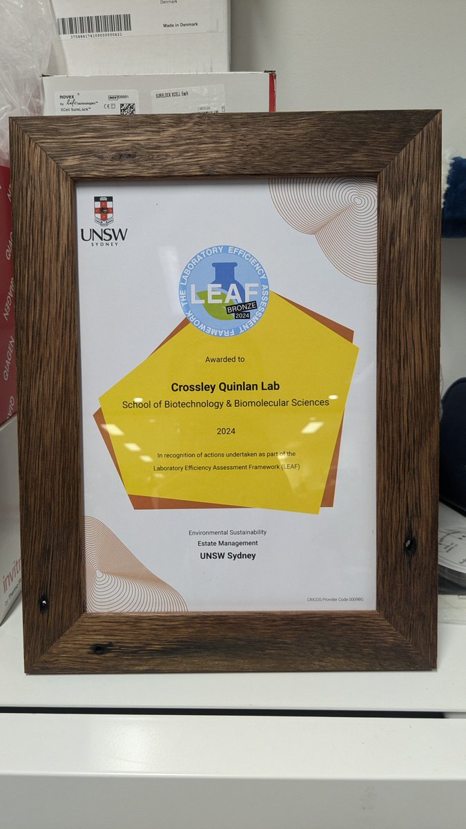KateGQuinlan's tweet image. I am very proud of the lab (led by @sonia_goozee) for their efforts this year to gain LEAF (Laboratory Efficiency Assessment Framework) Bronze Accreditation. This is an internationally recognised green lab accreditation based on sustainable lab practices @UNSWBABS @UNSWScience