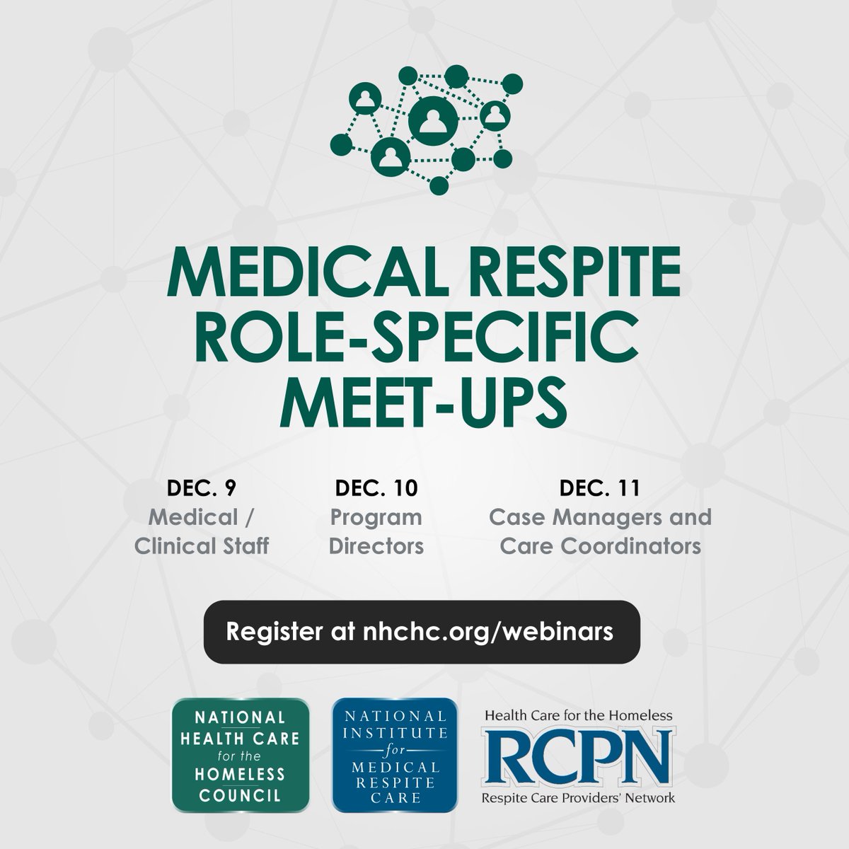 Our next Medical Respite Role-Specific Meetups are coming  soon! Gather with others doing similar work across the country, facilitate connection, and discuss issues and strategies for providing services in medical respite programs. Register here: nhchc.org/webinars/