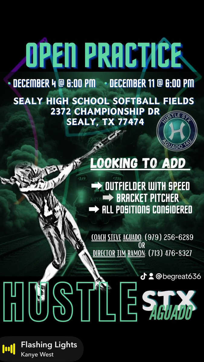Talented 14U players wanted! Our established 2nd-year 14U team is hosting open practice this Wednesday 12/4, 6pm-8pm, and Wednesday 12/11, 6pm-8pm. We are looking to add a bracket pitcher and a speedy OF. To RSVP, please send a direct message.