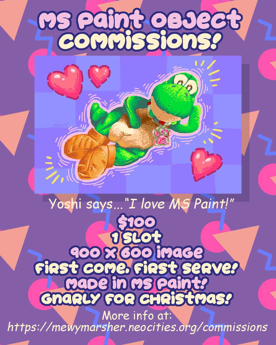 MarsherMewy's tweet photo. Might as well post this here! 
I have a special single commission slot open for an MS Paint painting of a cherished object!
It's $100 per painting no matter the object. So, yes! Even your car!
VV Link to info down in the replies VV https://t.co/jWxToK0LFB