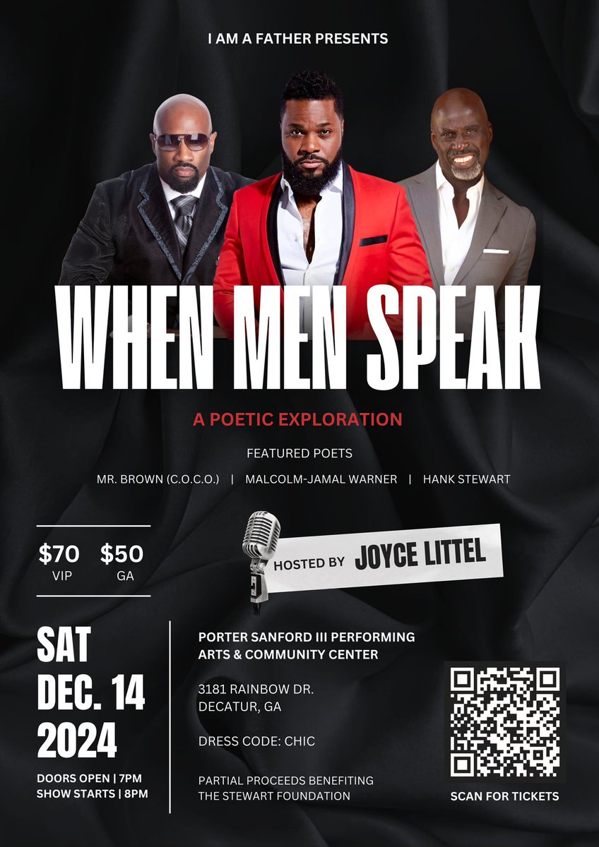 MalcolmJamalWar's tweet image. “When Men Speak” (whenmenspeak.net). Join us for a powerful night of poetry, passion, & power. I’m excited to share this special one night only set w @hankstewart & @MrcoBrown
Sat 12/14 Porter Sanford Arts Center. 7pm chocolate dessert. 8pm doors open. See u there! 🙏🏿🤎♥️