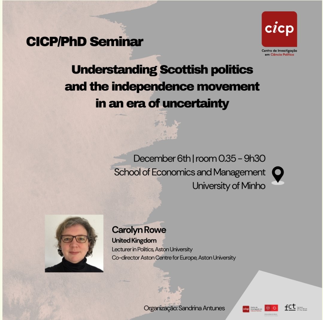 🚨 Upcoming Event:

This week, we are thrilled to host Carolyn Rowe as part of the CICP PhD Seminar series. She will lead an engaging discussion on "Understanding Scottish Politics"—an unmissable opportunity to deepen your understanding of International Relations.