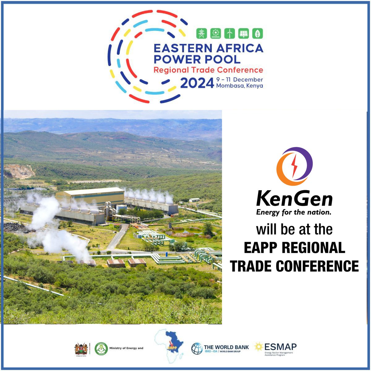 KenGenKenya's tweet photo. KenGen will be at the East Africa Power Pool (EAPP) Regional Trade Conference! #EAPPPowerTrade2024

The EAPP comprises 13 member countries working to create an interconnected, cooperative, and sustainable Eastern Africa energy network. #GreenEnergyKE #PowerTradeConference2024 ^EM https://t.co/xp2rO6z958