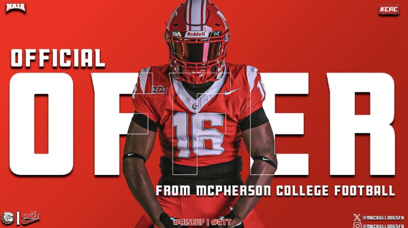 #AGTG Blessed to announce that I’ve received my first D2 offer from McPherson College! Thank you to the coaching staff for believing in me and giving me this opportunity to be a part of the Bulldog football family.🔴⚪️🏈 #GoBulldogs <a href="/CoachLeppke/">Mitch Leppke</a> <a href="/__CoachLilly/">Nick Lilly</a>