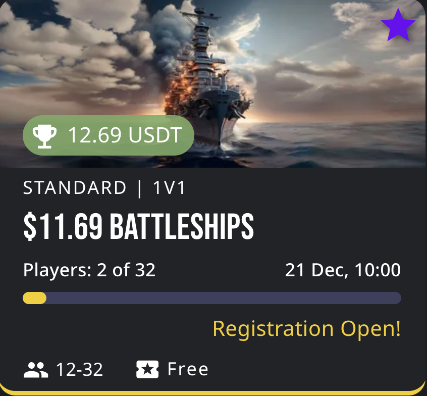 Ok_LetsPlay's tweet photo. Join our Battleships tournament! 
🏆 $11.69 Battleships 1v1 
👥 12-32 players 
⏰ Starts 21 Dec, 10:00 
💫 Standard mode 
💰 11.69 USDT prize pool 
🆓 Free to enter! 
Registration Open! Set sail and dominate! ⚓️ https://t.co/MakOEbWgNH