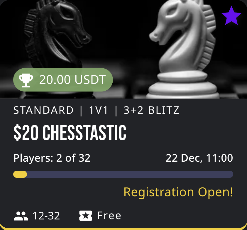 Ok_LetsPlay's tweet photo. Join our Chesstastic tournament! 
🏆 $20 Chesstastic 1v1 | 3+2 Blitz 
👥 12-32 players 
⏰ Starts 22 Dec, 11:00 
💫 Standard mode 
💰 20.00 USDT prize pool 
🆓 Free to enter! 
Registration Open! Time to checkmate! ♟️ https://t.co/VUfuhZYohX