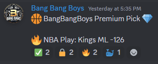 BangBangB0ys's tweet photo. DISCORD EATING GOOD TN! CAN'T WAIT FOR TMMRW! ✅
#Discord #sportsbet #NBAPicks #NBA #Kings #Rockets #bettingtwitter #GamblingTwitter #Parlay https://t.co/tugGybvH40