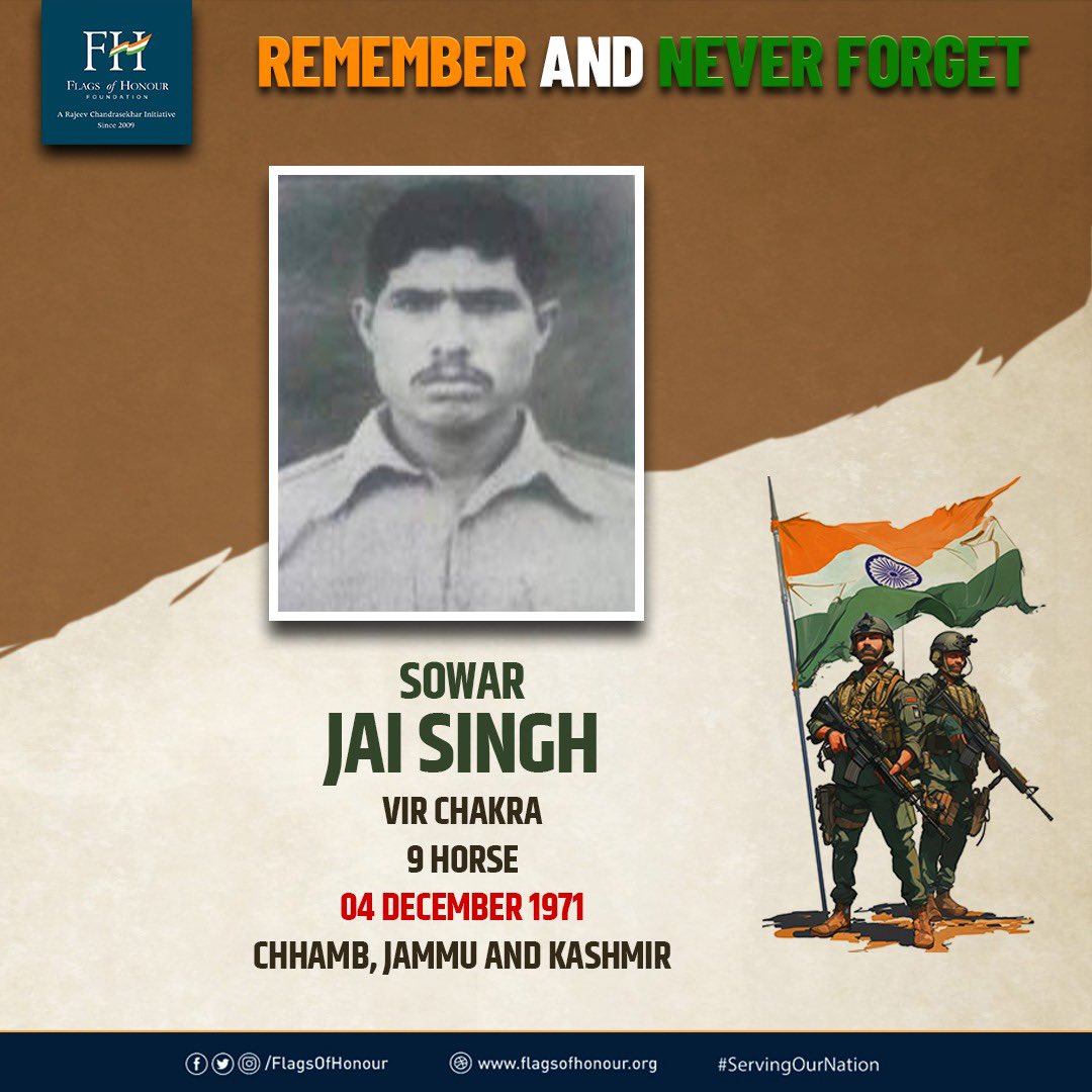 FlagsOfHonour's tweet photo. #OnThisDay 04 December 1971, Sowar Jai Singh, Vir Chakra, 9 HORSE destroyed a number of Pakistani tanks and recoilless guns with his tank gun at #Chamb Sector, J&K.
#RememberAndNeverForget his service #ServingOurNation https://t.co/I3eI4eHYRL