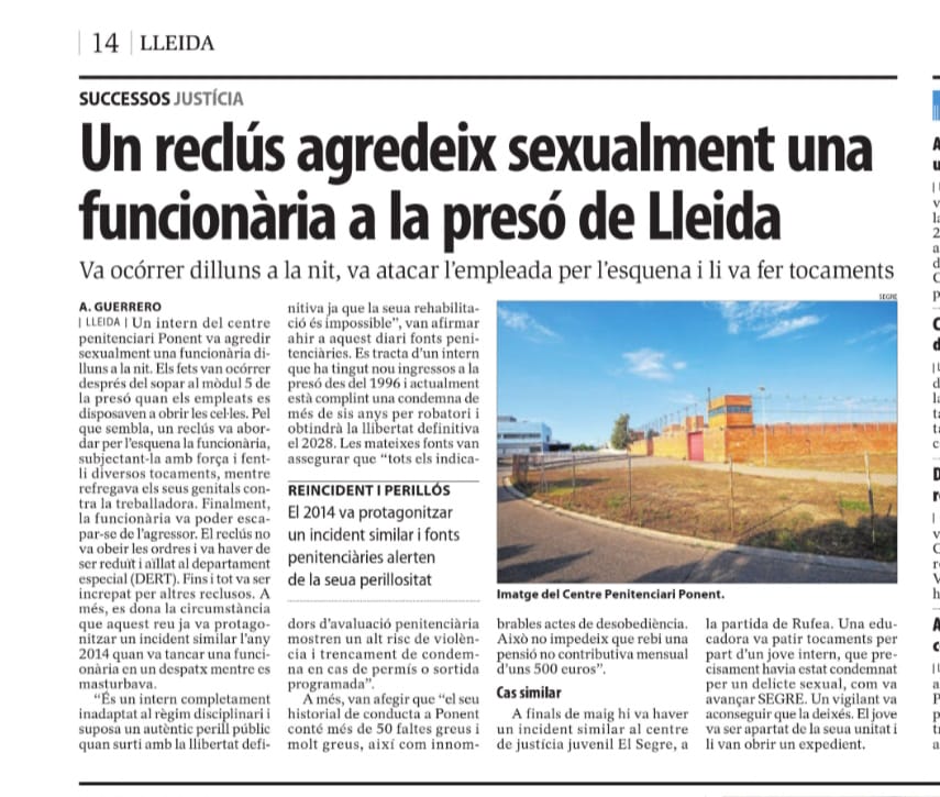 En menys de 48h les presons catalanes registren dos incidents molt greus. <a href="/Andres_gberrio/">Andres García Berrio</a> <a href="/Ramon_Espadaler/">Ramon Espadaler</a> <a href="/justiciacat/">Justícia</a> aquesta es la realitat. Agents autoritat ja¡¡¡ aerosols ja¡¡¡ <a href="/csifautonomic/">Csif Autonomic</a> <a href="/csiflleida/">CSIFLLEIDA</a> <a href="/CSIFTarragona1/">CSIF TARRAGONA</a> <a href="/csifgirona/">CSIF GIRONA</a>