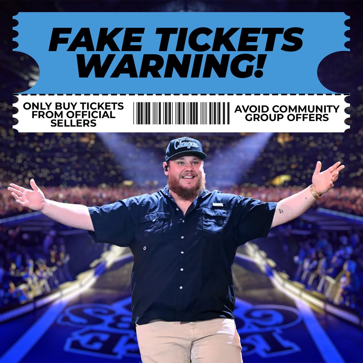 🚨 SCAM ALERT: Luke Combs Tickets 🚨

Luke Combs is the #1 impersonated artist in ticket scams reported to IDCARE since Oct! Scammers hack accounts, post fake ticket sales, &amp; vanish with your cash.

🎟 Stay safe:

✅Buy from official sellers.
✅ Avoid community group offers.