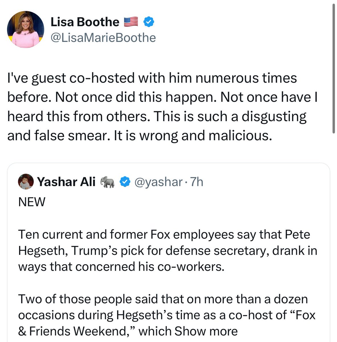 libsoftiktok's tweet image. Current and former co-workers of Pete Hegseth are defending him saying the newest hoax the Democrats are spreading about him is complete bullshit