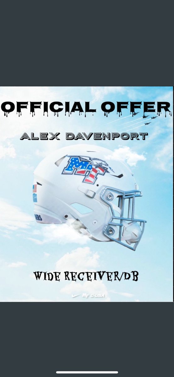 Alex Davenport 1.5⭐️ (@alex_davenport2) on Twitter photo Blessed to receive my first D1
Offer!!!🔥🔥🔥
#OJHF
<a href="/BallingerJags/">Coach Ballinger (NOAH)</a> <a href="/noahkesner34/">Noah Kesner</a> <a href="/itsdanielokoye/">Danny "🅿️hantom" Okoye</a> @NE_Ok_HS_Sports <a href="/HomeSchGridIron/">HomeSchGridIron</a> <a href="/MTFB_Recruiting/">Middle Tennessee Football Recruiting</a> <a href="/NOAH_Football24/">NOAH Jaguars Football</a> <a href="/SmokeyHurst/">Smokey Hurst</a> <a href="/SkylerMoormanQB/">Skyler Moorman</a> Blessed to receive my first D1
Offer!!!🔥🔥🔥
#OJHF
<a href="/BallingerJags/">Coach Ballinger (NOAH)</a> <a href="/noahkesner34/">Noah Kesner</a> <a href="/itsdanielokoye/">Danny "🅿️hantom" Okoye</a> @NE_Ok_HS_Sports <a href="/HomeSchGridIron/">HomeSchGridIron</a> <a href="/MTFB_Recruiting/">Middle Tennessee Football Recruiting</a> <a href="/NOAH_Football24/">NOAH Jaguars Football</a> <a href="/SmokeyHurst/">Smokey Hurst</a> <a href="/SkylerMoormanQB/">Skyler Moorman</a>