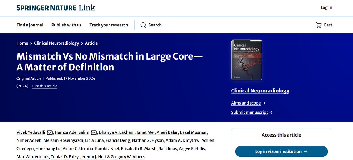 Hamza A. Salim, M.D. (@hamza_isleem) on Twitter photo Does core-perfusion mismatch in large ischemic core strokes depend on how we define it?
Our latest study reveals how varying imaging criteria and time windows significantly impact MM prevalence.
Huge thanks to <a href="/vsyedavalli/">Vivek Yedavalli, MD, MS, FAHA</a> for leading this work!
Read:
pubmed.ncbi.nlm.nih.gov/39551878/ Does core-perfusion mismatch in large ischemic core strokes depend on how we define it?
Our latest study reveals how varying imaging criteria and time windows significantly impact MM prevalence.
Huge thanks to <a href="/vsyedavalli/">Vivek Yedavalli, MD, MS, FAHA</a> for leading this work!
Read:
pubmed.ncbi.nlm.nih.gov/39551878/