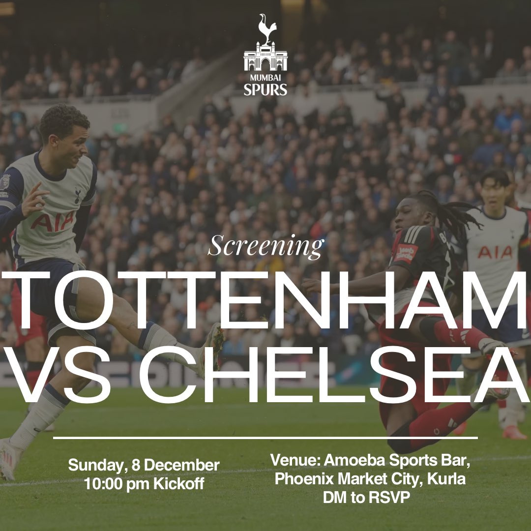 Big Match Time 🔥

Join us, as we host our London neighbours next.

vs Chelsea (H)
8th December,
Sunday, 10:00 pm
Amoeba Sports Bar, Phoenix Market City, Kurla

DM Mumbai Spurs to RSVP

[Screening, Football, Mumbai, Tottenham, Chelsea]