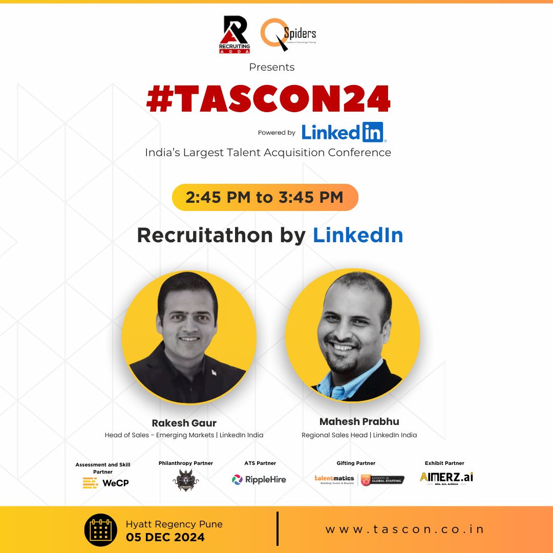 kunjal23's tweet image. Join #TASCON24 💡 RecruitAthon by @LinkedIn at 🕒 2:45 PM - 3:45 PM tomorrow. Follow #Tascon24. ✨ Featuring Rakesh Gaur and Mahesh Prabhu. #Recruiting cc @recruiting_adda @sourcingninja @sarangbrahme @sourcingbhaijan @jashanjoshi @anshumanhr