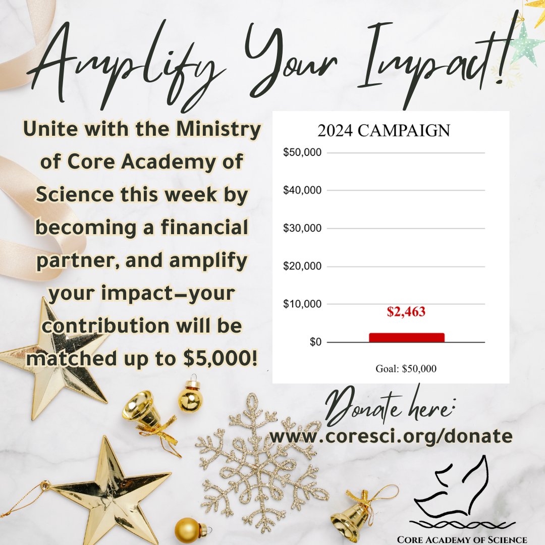 CoreacadInfo's tweet image. Have you heard the exciting news? This week, your donation will be matched up to $5,000, thanks to a generous supporter! Help us reach our goal of $50,000 and continue the ministry of Core Academy of Science. Visit coresci.org/donate to amplify your impact today!