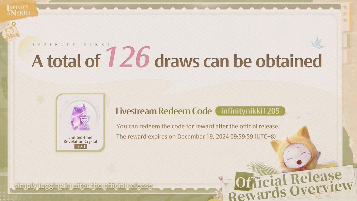 WhisperingNikki's tweet image. Redeem Code: infinitynikki1205
*Expires on December 19, 09:59:59 (UTC+8)

Redeem Code: BDAYSURPRISE
*Expires on December 31, 23:59 (Server Time)

Redeem Code : GIFTTONIKKI
*Expires on December 31, 23:59:59 (UTC+8)

To redeem: In-Game &amp;gt; ESC &amp;gt; Setting &amp;gt; Other &amp;gt; Redeem Code
*Certain…