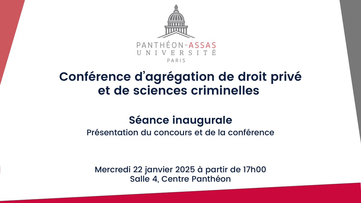🗓️ La conférence d'agrégation de droit privé d'<a href="/AssasUniversite/">Panthéon-Assas université</a> reprendra ses travaux le 22 janvier 2025 avec une séance inaugurale sur l'organisation de la conférence et la préparation du concours, avec notamment les conseils du major de l'ancien concours, le Pr Lilian Larribère