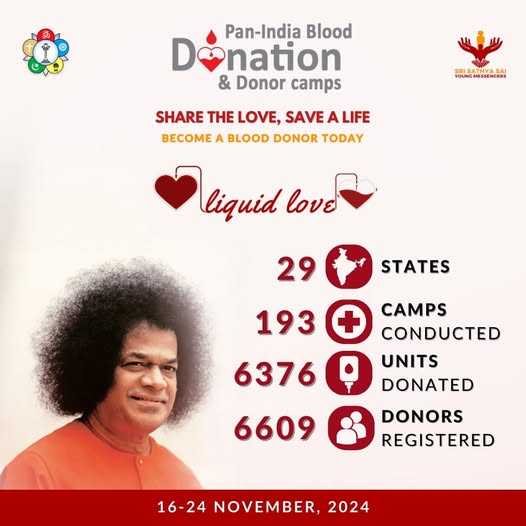 ssssoindia's tweet photo. As part of Bhagwan Sri Sathya Sai Baba's 99th birthday celebrations, Liquid Love campaign was organised across India.

The focus was to encourage people to come forward and be part of a Noble act of donating blood and also registering on the portal. #PMOI #SSSYM https://t.co/0TsPyGTOfJ