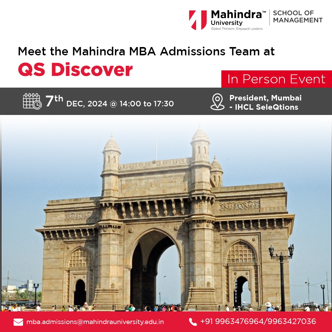The <a href="/MahindraUni/">Mahindra University</a> MBA Admissions Team will be participating in QS Discover MBA Event happening in Mumbai. This is an excellent opportunity to connect with our team, learn more about our comprehensive MBA program.
Registration 🔗: bit.ly/3ScQavZ
#MBAStudy #QSEvents