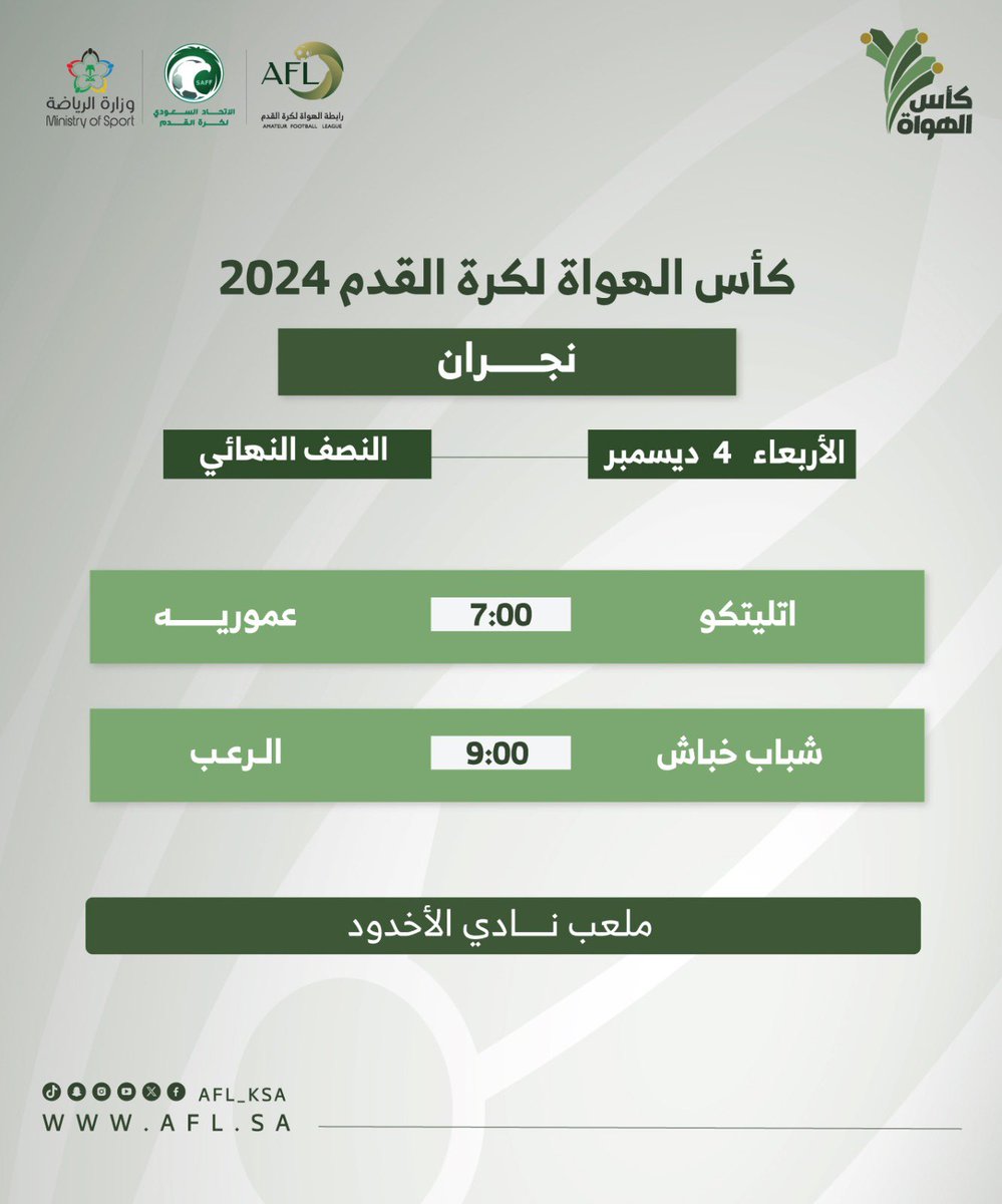 #بطولة_كأس_الهواه_بنجران .

⏳ | دور الأربعه .
⚽️ | الرعب  ⚔️ شباب خباش .
⌚️ | الأربعاء  3/6/1446 ، 9:00 م .
⛳️ | ملعب نادي الأخدود . 

بالتوفيق ل أبطال الرعب 💙🖤 .