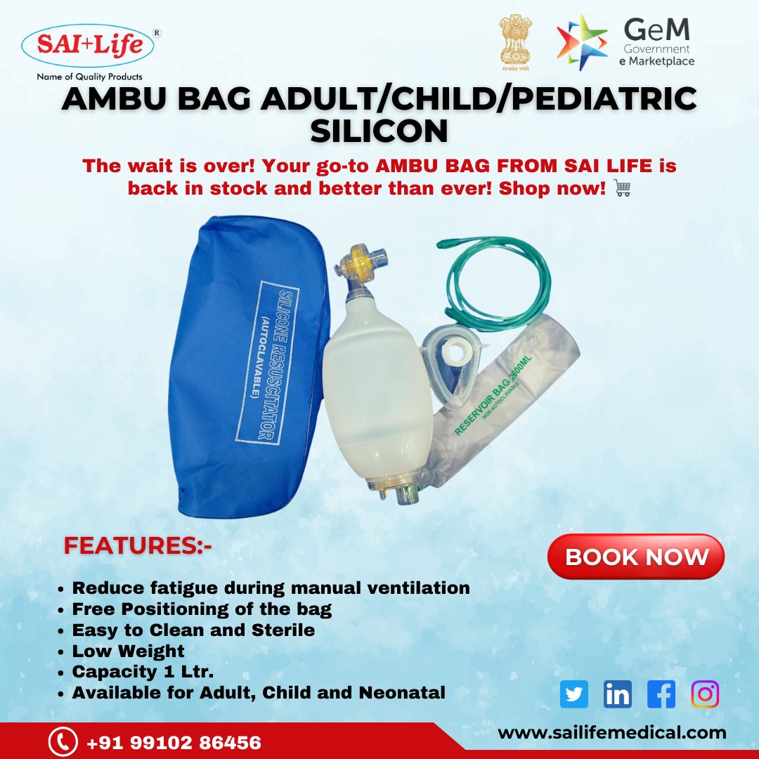 sailifeindia's tweet image. Reliable and reusable! 🌬️ Our AMBU Bag, available in Adult, Child, and Pediatric sizes, ensures optimal care during critical moments. Made from durable silicone for exceptional performance. 💪 #EmergencyCare #SaiLifeMedicalDevices #AmbuBag #MedicalEquipment #PediatricCare